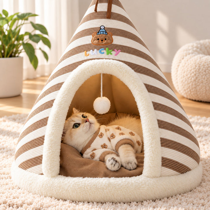 Dog Bed & Cat Bed | Striped Teepee Tent with Removable Cushion