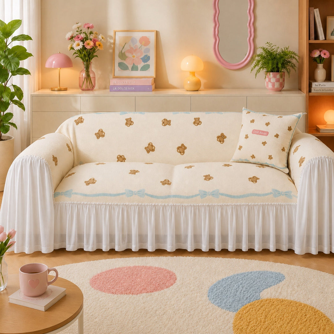 Teddy Bow | Linen-Look Sofa Throw | Breathable Anti-Scratch Pet Cover