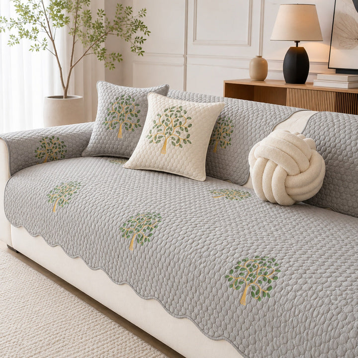 Tree Embroidered Cotton Sofa Protector | Quilted Non-Slip Machine Washable Cover