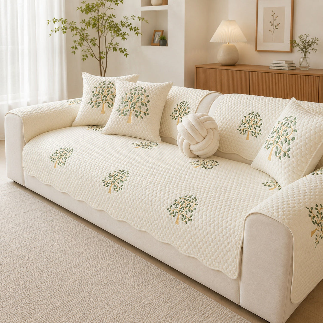 Tree Embroidered Cotton Sofa Protector | Quilted Non-Slip Machine Washable Cover