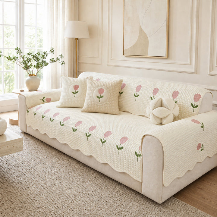 Tulip Cotton Sofa Cover | Thick Breathable Anti-Slip | All-Season Protector
