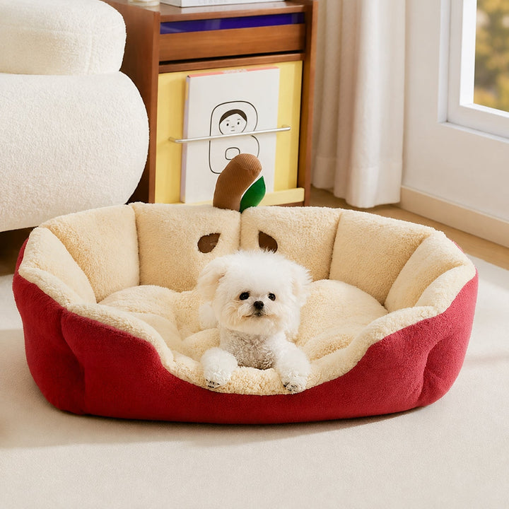 Dog Bed & Cat Bed | Apple Design | Soft Washable Plush with Raised Padded Sides