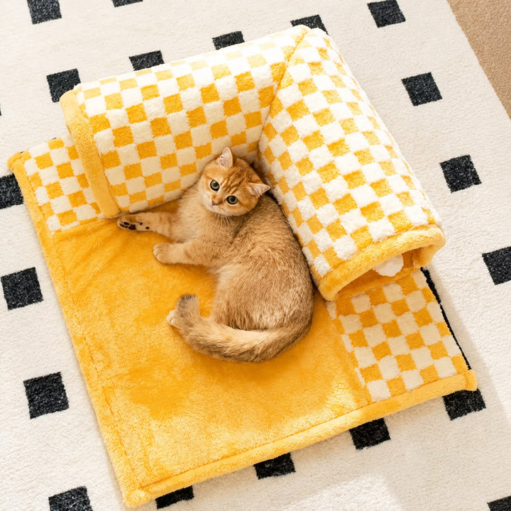 Cosy Tunnel Cat House | Plush Padded Hideaway Bed with Hanging Pom-Poms
