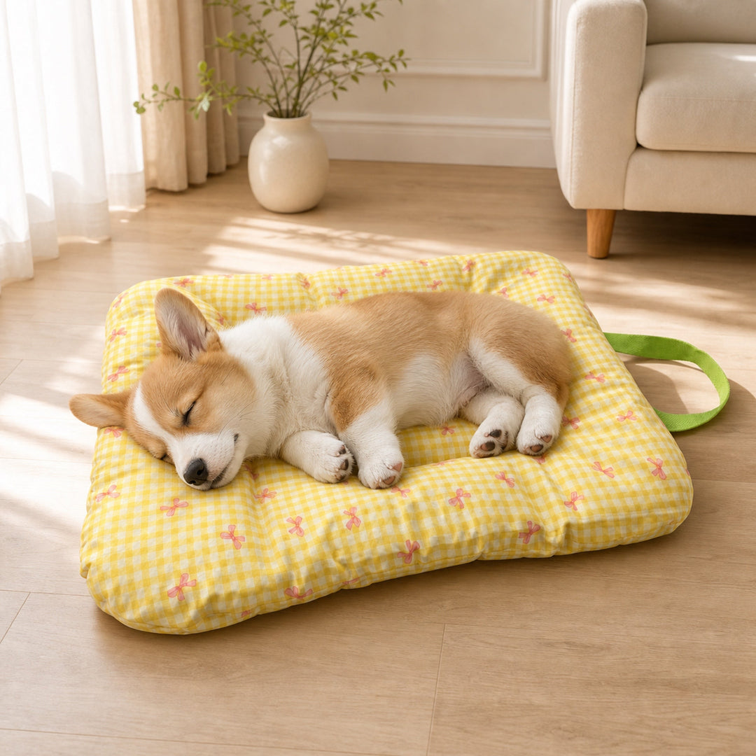Washable Dog Bed & Cat Bed | Gingham Bow Pet Mat | Reversible Cotton